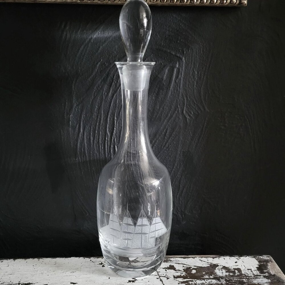 Vintage Toscany "Clipper" Etched Glass Decanter With Sailboat Design with Stoppe
